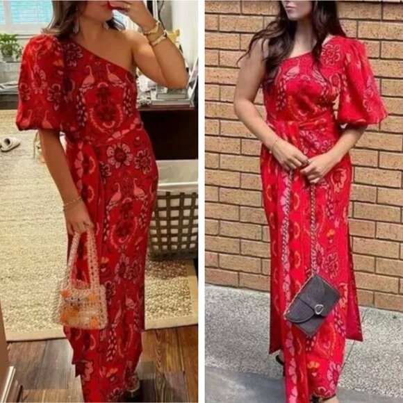 BEST NEW Cara Cara Lucia Maxi Dress Gown Medium Peacock Watermelon Floral Red